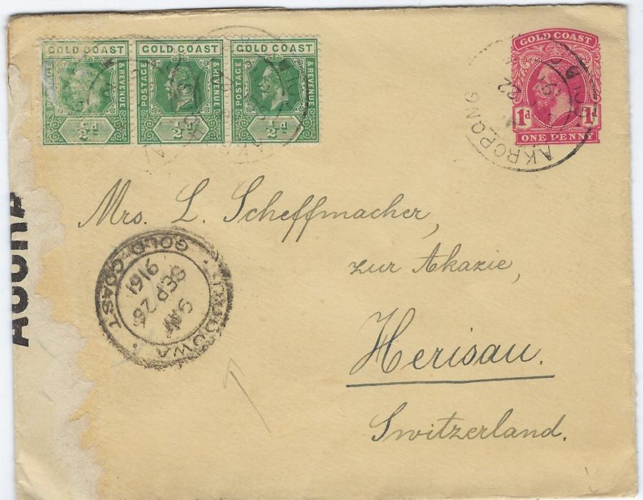 Gold Coast (Postal Stationery) 1916 1d. envelope to Herisau, Switzerland uprated with horizontal strip of three ½d. tied Akropong cds, Dodowa transit cds to left showing inverted year, Accra transit backstamp that has been overlaid with the censor tape which is itself cancelled with arrival cds.