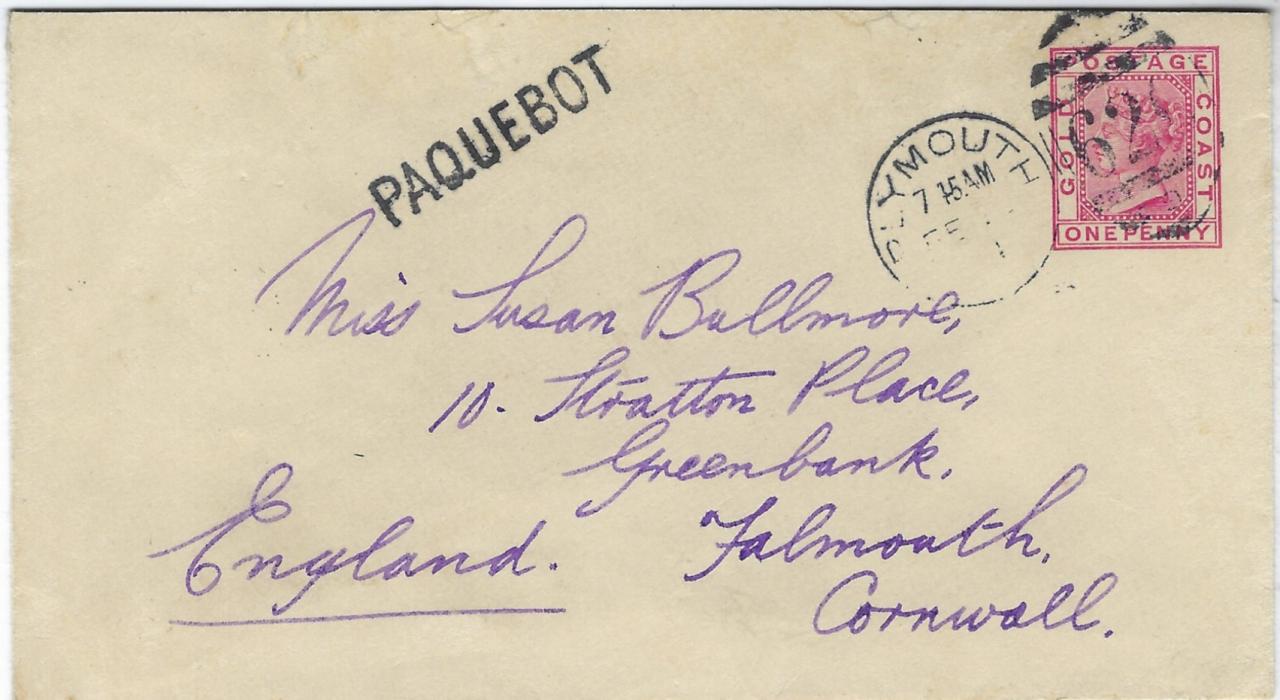 Gold Coast 1901 1d. postal stationery envelope to Falmouth with stamp image cancelled by Plymouth duplex applied on arrival there, to left of this good strike of straight-line PAQUEBOT handstamp, two arrival backstamps.