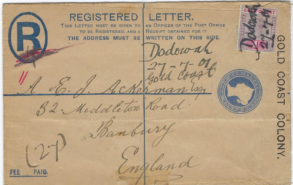 Gold Coast 1901 2d registration envelope additionally franked 1d. to England, the stamp image not cancelled, the 1d. with two-line manuscript “Dodowah/ 27-7-01” with similar manuscript by way of registration, reverse with London transit and Banbury arrival of AU 25.