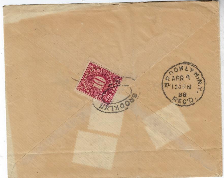 Gold Coast 1899 underfranked cover to New York bearing single franking 1d. tied ‘556’ obliterators with Cape Coast cds in association, black ‘T’ handstamp and blue “3d”  charge raised, reverse has 10c. Postage due applied and cancelled with Brooklyn handstamp; reverse of envelope affected by toning from another, fine from front.