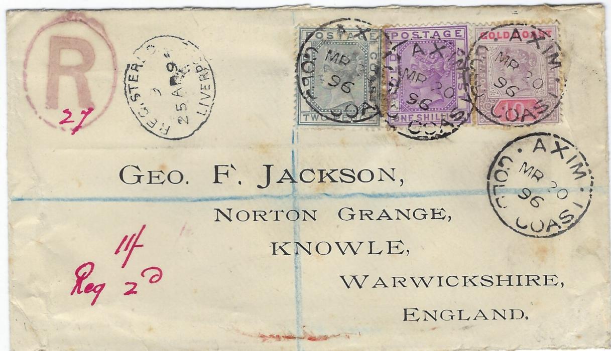 Gold Coast 1896 registered mixed issue cover franked 1884 2d. and 1s. together with 1889 10s dull mauve and red tied by three Axim cds, registered Liverpool transit at left and Birmingham on reverse.
