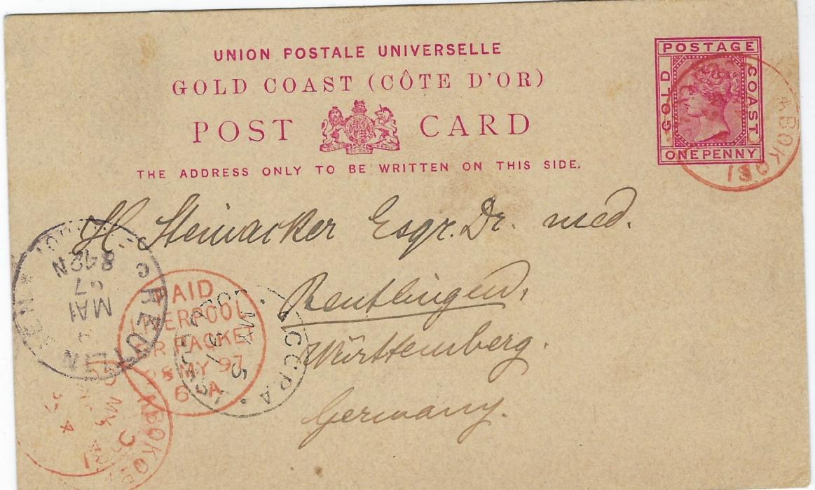 Gold Coast 1897 1d. stationery card to Reutlingen, Germany bearing fine and scarce red Abokobi cds, Accra and Liverpool transits and arrival cds all at left corner; with full message, good condition.