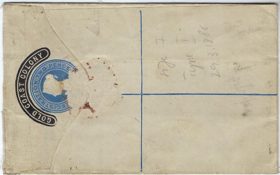 Gold Coast 1890 2d registration envelope additionally franked 4d. from Accra to London with Liverpool transit, removal of wax seal affecting stamp design on reverse.