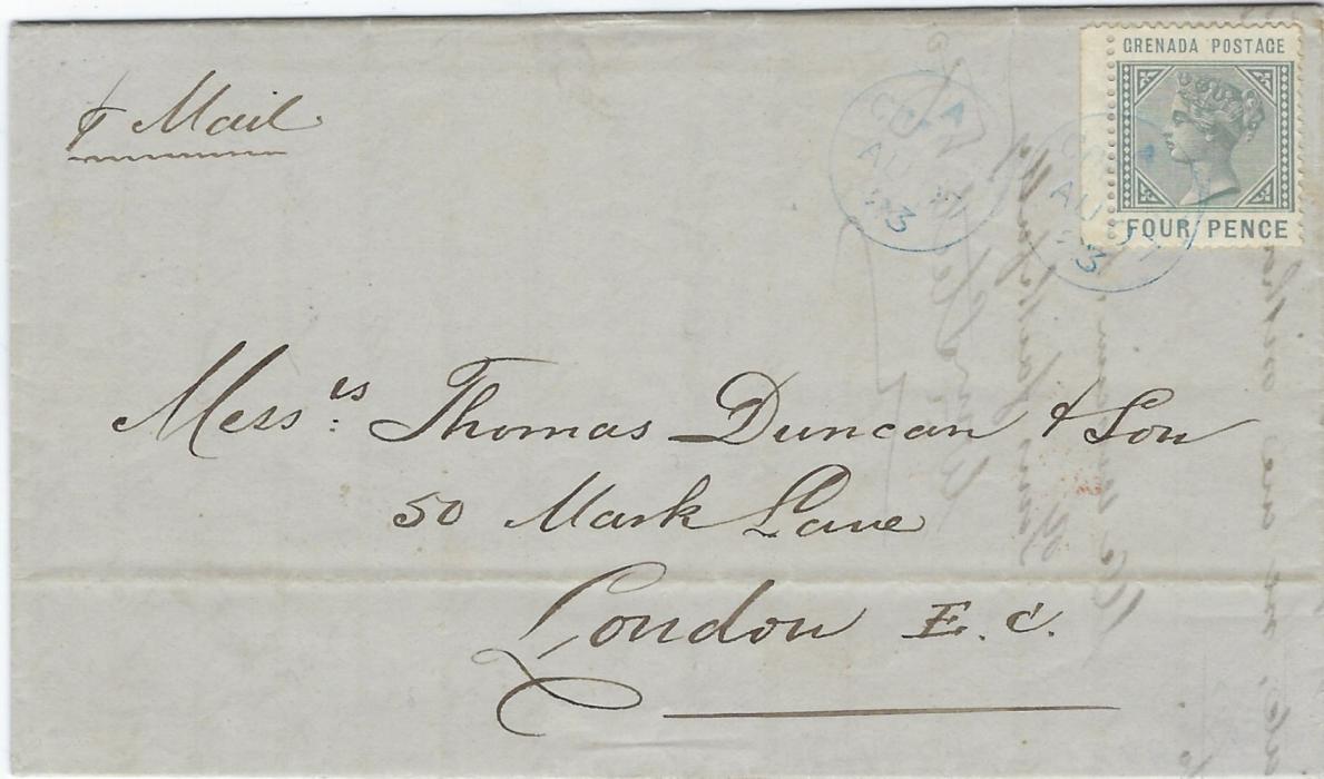 Grenada 1883 duplicate entire to London bearing single franking 4d. greyish slate tied by A Grenada AU 07 83 cds, with further strike to left, arrival backstamp.