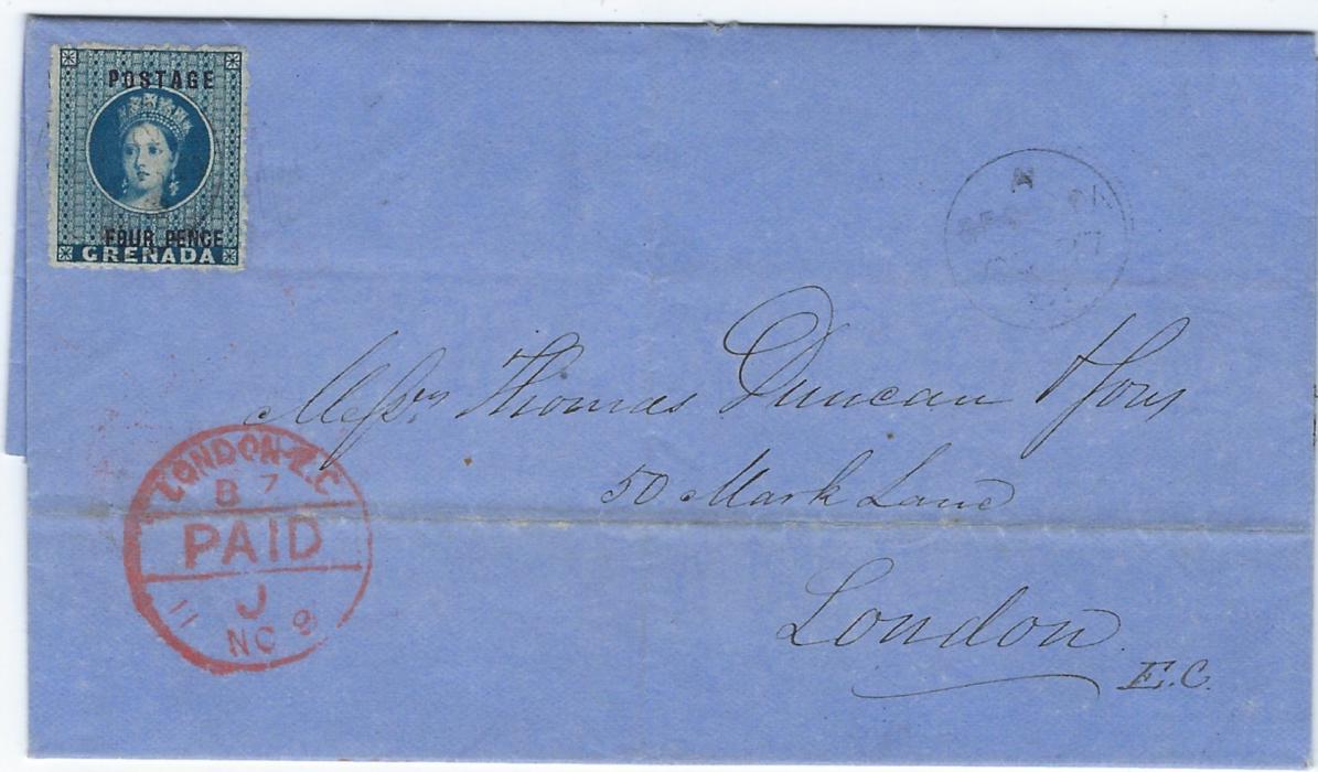 Grenada 1881 blue entire to London bearing single franking 4d. blue lightly cancelled with A Grenada cds with further strike at right, red London arrival cds on front. Unclear watermark type, light filing creases.