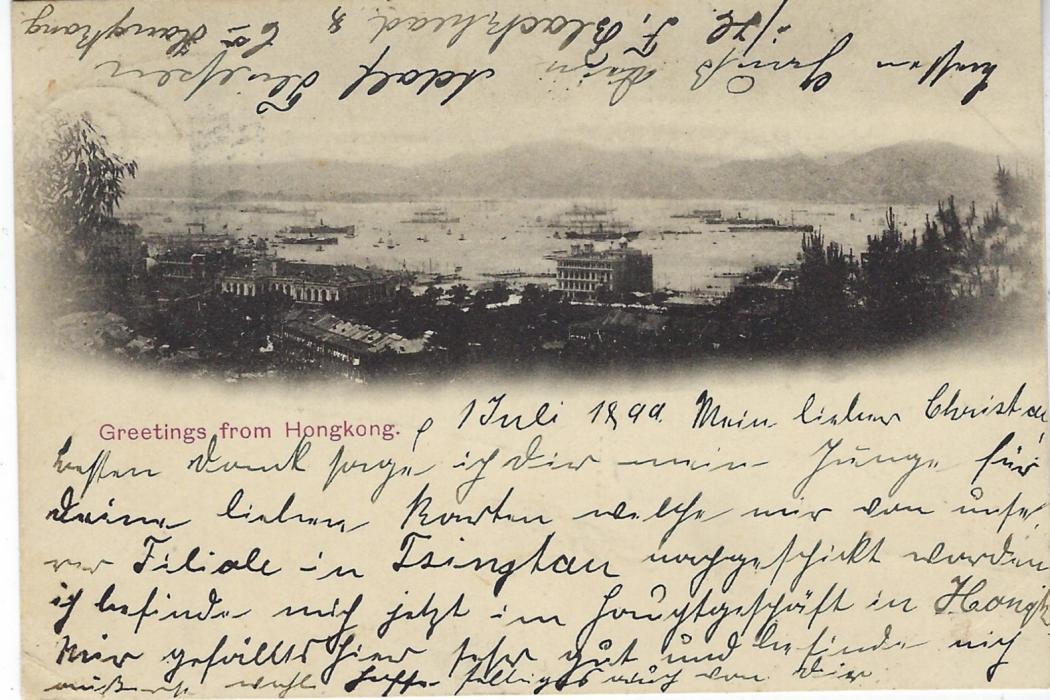 Hong Kong 1899 Greetings postcard to Hamburg, Germany franked 5c. blue tied index C cds and also violet oval FORWARDED BY F. BlACKHEAD & Co Hong Kong. Fine and unusual on picture postcard