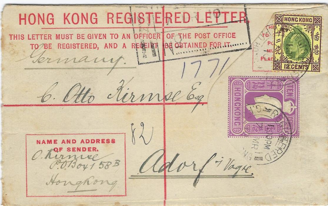 Hong Kong 1910 10c registration envelope, size F, additionally franked 12c. to Germany with Registered cds and framed Registration handstamp, reverse with Adorf arrival cds.