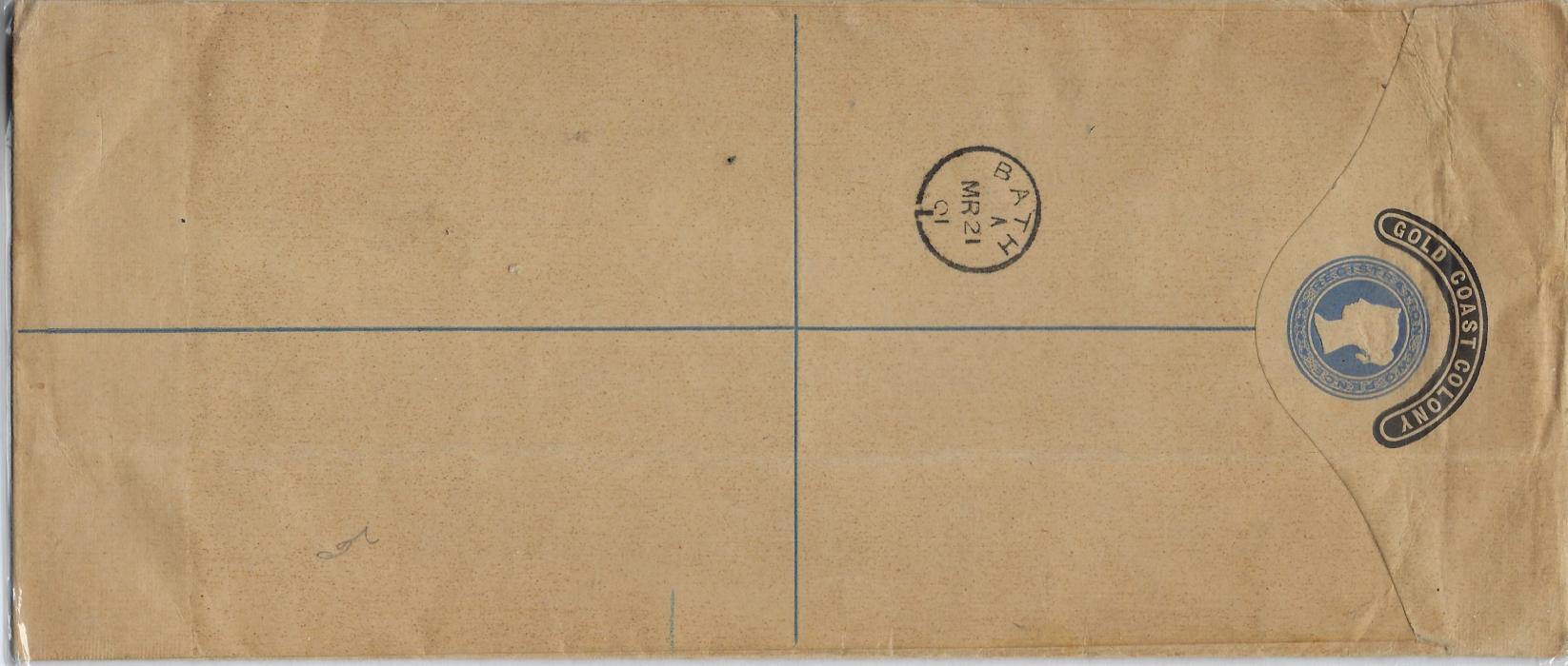 Gold Coast 1901 (FE 14) 2d. registration envelope, size H2, uprated with mixed issue 1d. and 2d. to Bath, tied Accra cds, Liverpool transit cds at left, arrival backstamp; fine unfolded.