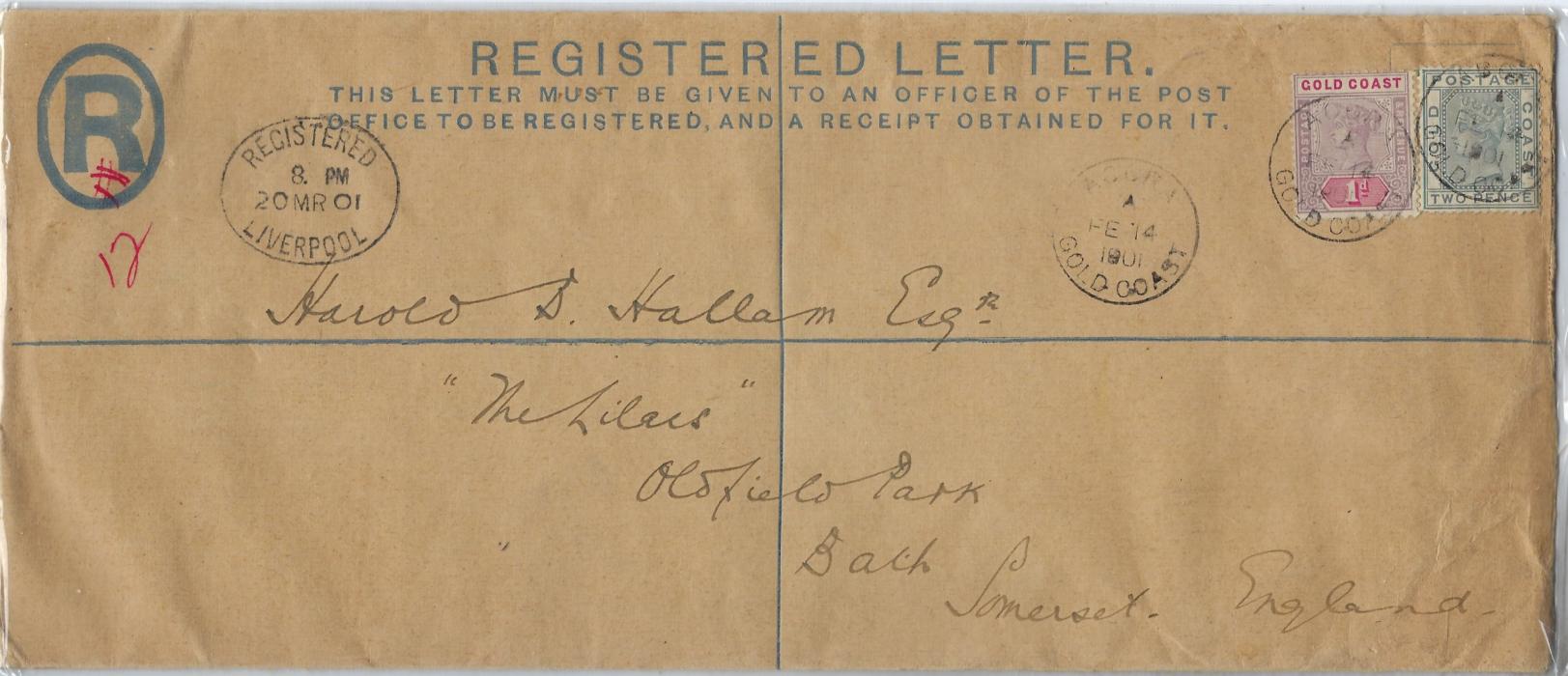 Gold Coast 1901 (FE 14) 2d. registration envelope, size H2, uprated with mixed issue 1d. and 2d. to Bath, tied Accra cds, Liverpool transit cds at left, arrival backstamp; fine unfolded.