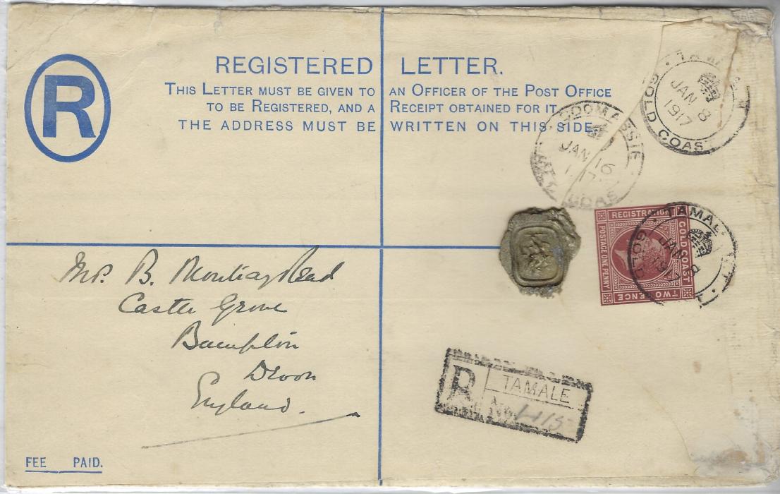 Gold Coast 1917 (Jan 8) 3d registration stationery envelope, size H, to England cancelled double-ring ‘crown’ Tamale cds with registration handstamp below, Coomassie transit above, Liverpool transit on reverse; small part of back of envelope missing from corner.