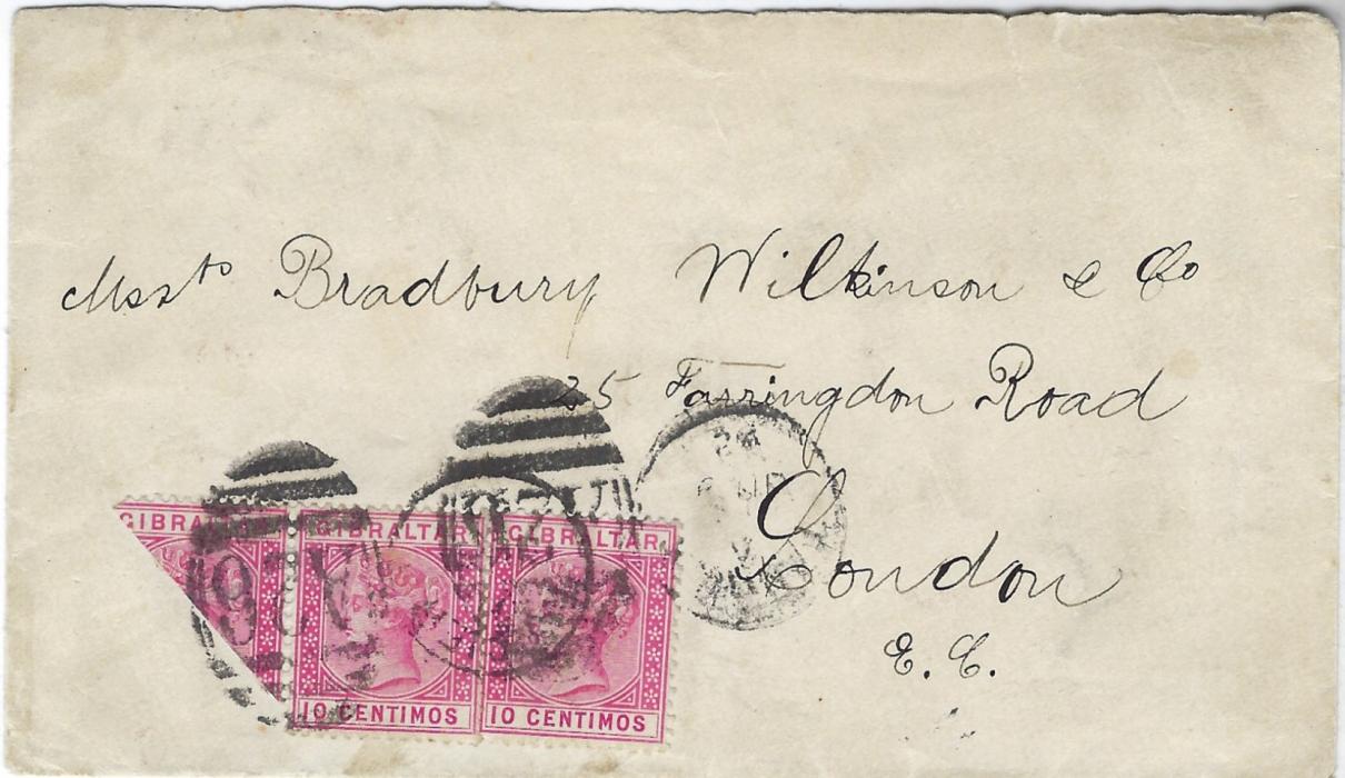 Gibraltar (Morocco) 1892 (JU 9) cover to London franked at 25c. overseas rate by horizontal strip of two and a diagonally bisected 10c. tied Tangier A26 duplex, arrival backstamp. Envelope from Banking Corporation Limited to Bradbury Wilkinson & Co, a likely commercial cover. Without backflap and adherences from mounting on reverse.