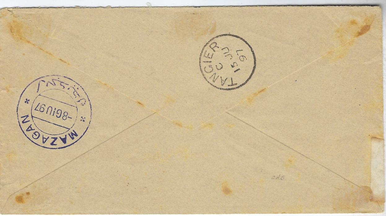 Gibraltar (Moroccan Local Posts) 1897 (6 Giu) cover to British Post Office, Tangier franked Marakesh a Mazagan 10c. tied violet Marrakesh cds, reverse with Mazagan cds (8 Giu) of Local Post and where put into the British Offices with pair of 5c. applied cancelled ‘A26’ obliterator, Mazagan Morocco cds alongside of 10 JU and Tangier backstamp of 15 JU. A little tone spotting of scant significance to this rare combination cover.