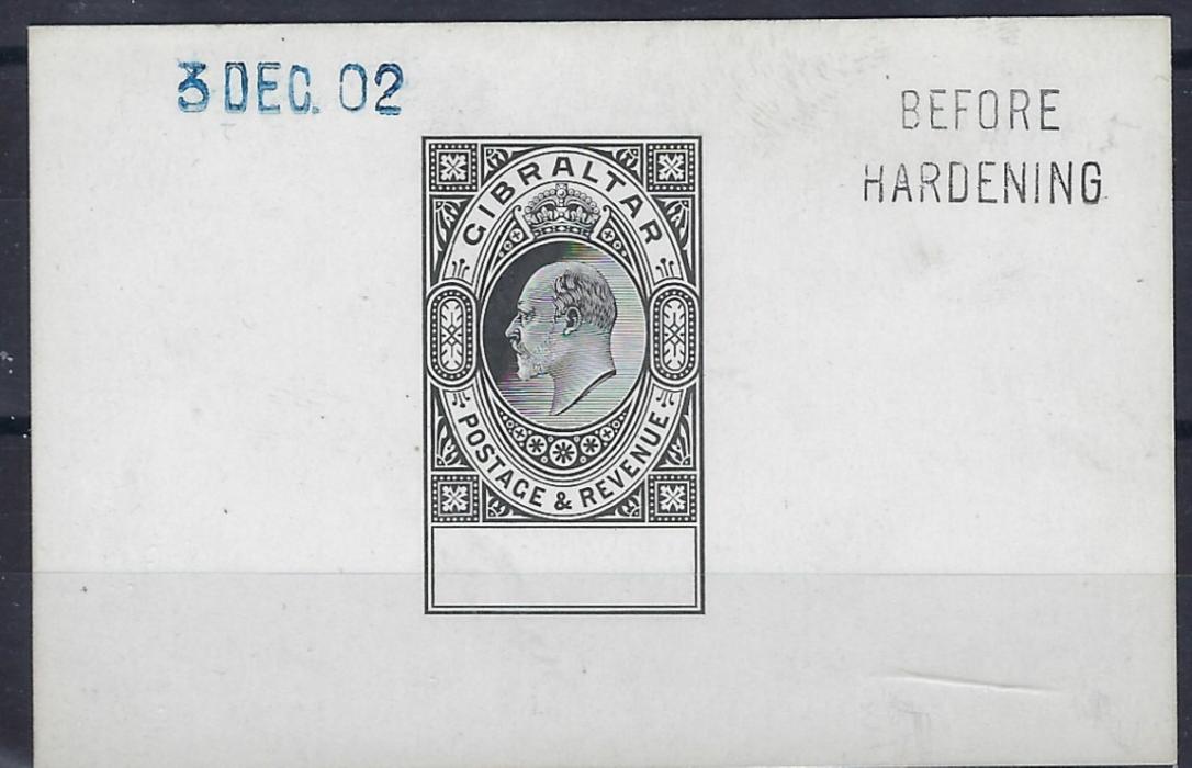 Gibraltar 1902 De La Rue Master Die Proof without duty plate in black on glazed paper, dated 3 DEC. 02 in blue and BEFORE/ HARDENING in black at right; fine condition.