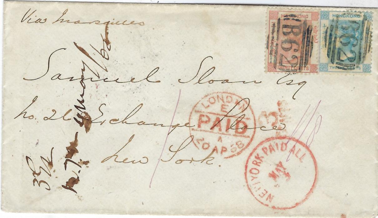 Hong Kong 1868 cover to New York franked 12c. and 30c. vermilion each cancelled B62 obliterators, envelope endorsed ”Via Marseilles” with London Paid transit, New York Paid All cds and ‘3 CENTS’  accountancy, reverse with Hong Kong cds and good strike of ‘Forwarded By/ Russell & Co./ Hong Kong’; fine and attractive cover.