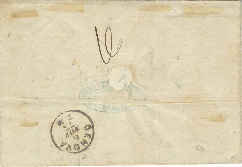 Gibraltar 1873 (24th Oct) entire to Genova annotated to be carried by the “Liguria”, this ship had left Buenos Aires  on Sept 15th and passed through Gibraltar. The cover has been prepaid in Gibraltar by ½d. and 1d. Great Britain that remained uncancelled and not considered valid by the Italian Post Office  who applied a 40c postage due charge. Fine and unusual.