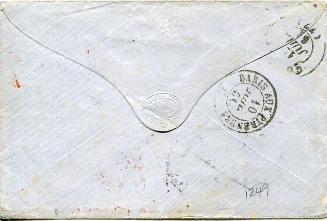Gold Coast 1861 (JU 13) blue envelope to Cordes, France, endorsed “Par voie Anglaise” and at top manuscript “1s 4.” rate and bearing unframed Cape-Coast-Castle Paid date stamp in red, red London transit, Calais entry cds and arrival backstamp; fine condition, Ex Sacher.