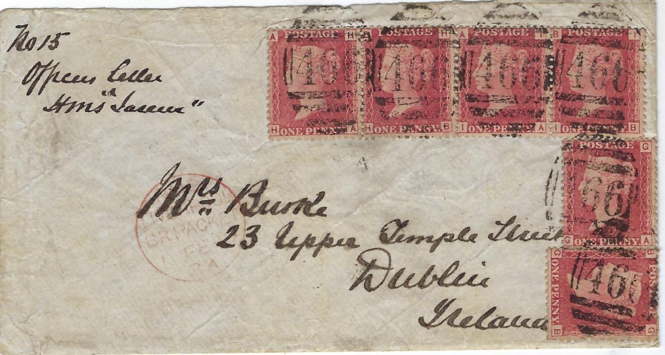 Gold Coast 1869 Officer’s Letter to Dublin, Ireland franked with Great Britain 1858-79 1d red, plate 71, HA-HB, IA-IB, GA and GB tied by six ‘466’ obliterators applied at Liverpool, endorsed “No 15/ Officers Letter/ HMS Jaseur”, Liverpool Paid cds, part of reverse of envelope missing but still showing note “send me some stamps/ mine are all gone”. Despite the fault a fine looking, rare item, ex Sacher.