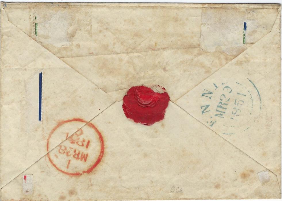 Ionian Islands 1851 (11 Mar) cover to Ireland bearing crown circle Paid at Corfu, Corfu cds in association, red Paid cds of 27MR on front and red cds of next day on reverse together with ennis arrival cds of next day.
