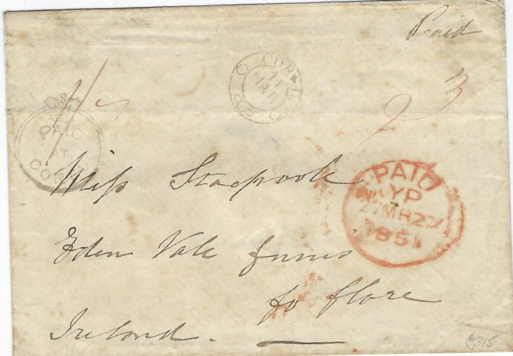 Ionian Islands 1851 (11 Mar) cover to Ireland bearing crown circle Paid at Corfu, Corfu cds in association, red Paid cds of 27MR on front and red cds of next day on reverse together with ennis arrival cds of next day.