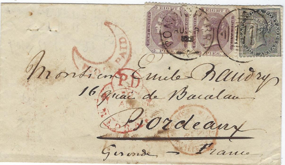 India 1866 (AU 26) cover from Pondicherry to Bordeaux, franked at 5a 4p (1/4 oz) rate by India 1856-64 4a. grey-black and 8p horizontal pair, tied by fine Pondicherry/ 111 duplex, crescent India Paid, fancy P.D/Madras cds and French entry cds. Reverse with further Madras cds and arrival cds; stamps just overlapping envelope, an attractive and scarce franking.