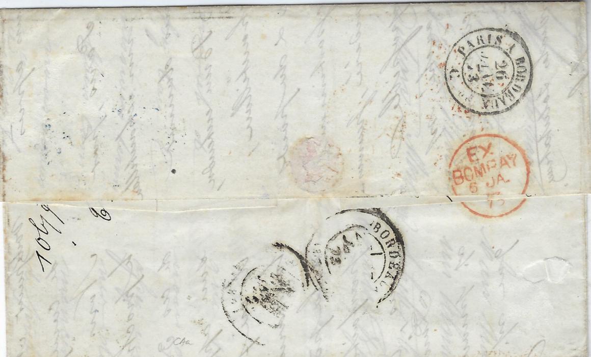 India 1873 (JA 3) part entire from Pondicherry to Bordeaux, endorsed “Via Brindisi”, franked at ½oz rate of 13a4p with 1866-78 6a8p slate horizontal pair, tied by fine  Pondicherry 111 duplex and sender’s cachet, red PD and French entry cds Poss. Ang. V. Brind/ A MOD; some slight perf tones but still a fine cover with a rare franking.