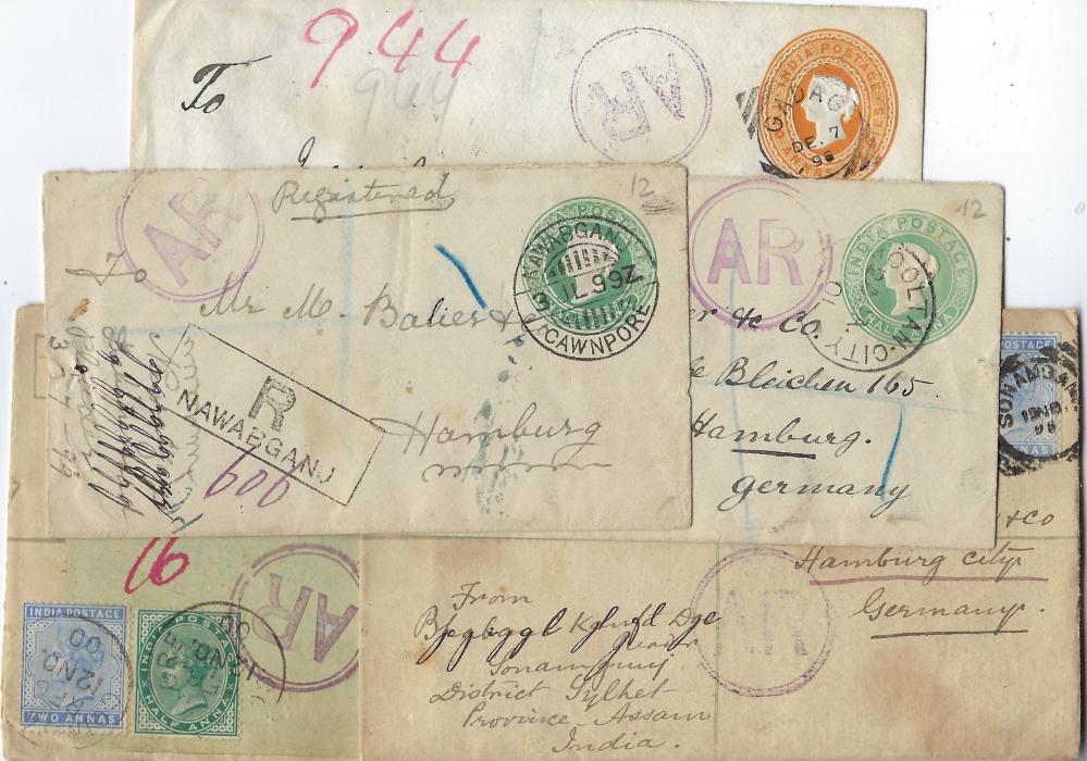 India 1896-1901 group of five AR covers, two registration stationery and the others ordinary stationery, each with violet double-ring handstamp, all to same company in Hamburg from five different towns; fair to fine condition.