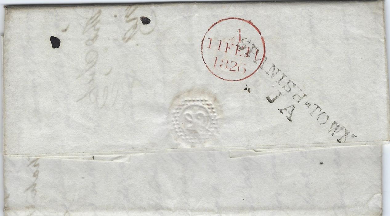Jamaica 1826 entire to London endorsed “packet” on front and on reverse with fine two-line SPANISH- Town/ JA despatch handstamp, red London arrival partly overstriking; fine and clean condition with both the entire and a extra letter within.