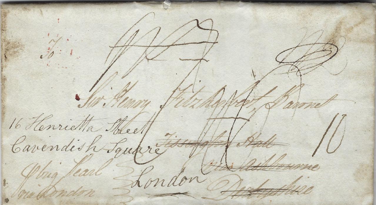 Jamaica 1826 entire to Derbyshire, redirected to London with a variety of manuscript charges on front, reverse with straight-line COMMERCIAL ROOMS across join, red London cancels and stepped SHIP LETTER/ GRAVESEND.