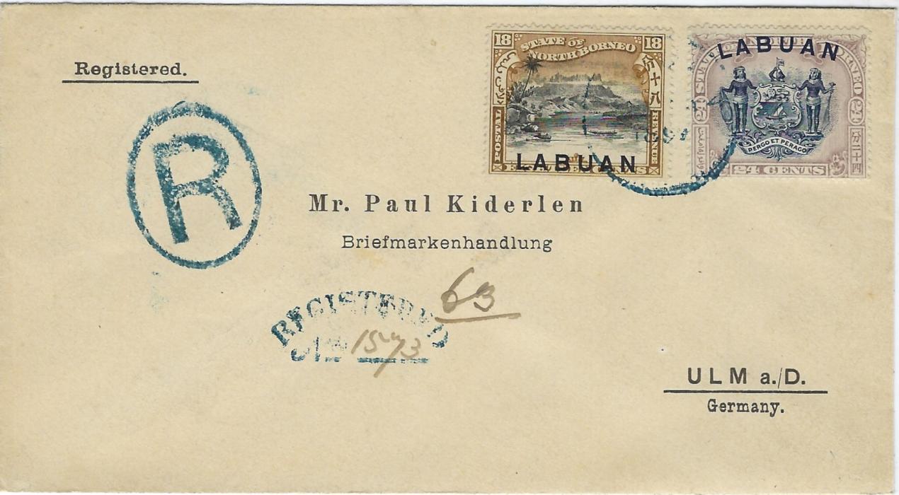 North Borneo (Labuan) 1897 registered cover to Ulm, Germany  franked 1897-1901 18c. and 24c. tied blue Labuan cds, cursive registration handstamp in same ink with manuscript number, reverse with arrival cds.