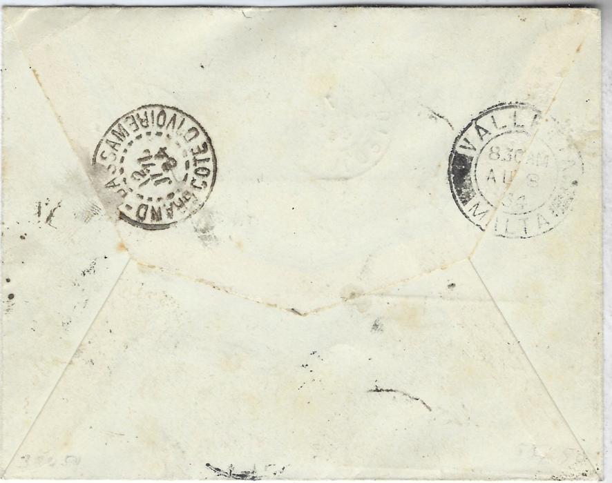 Malta 1934 incoming cover from Assinie, Ivory Coast underfranked  with 5c. and  45c., triangular framed ‘T’ , a 1½d. and 2½d. postage dues applied and tied Valetta cds which is repeated on reverse. 