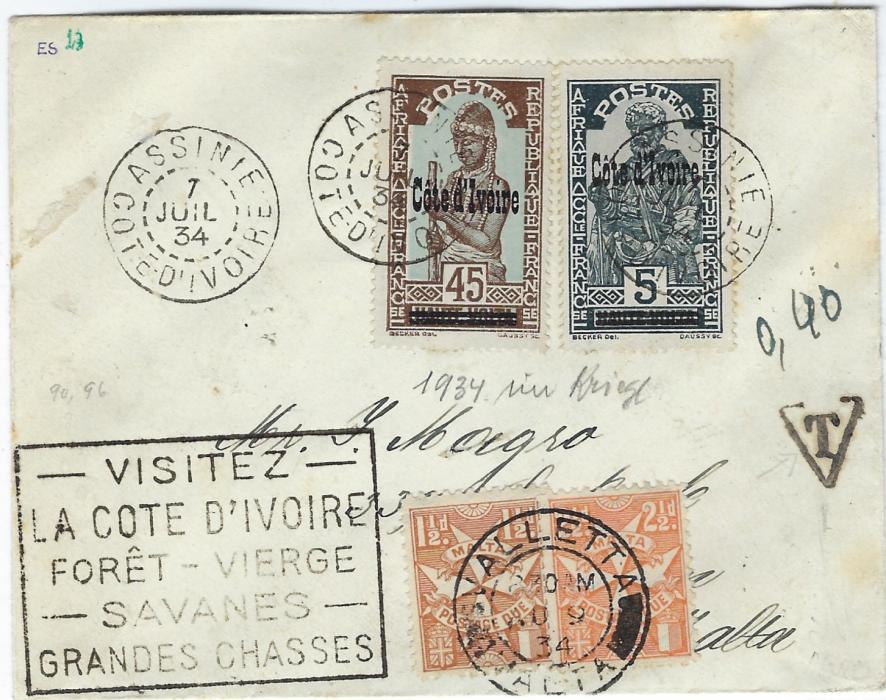 Malta 1934 incoming cover from Assinie, Ivory Coast underfranked  with 5c. and  45c., triangular framed ‘T’ , a 1½d. and 2½d. postage dues applied and tied Valetta cds which is repeated on reverse. 