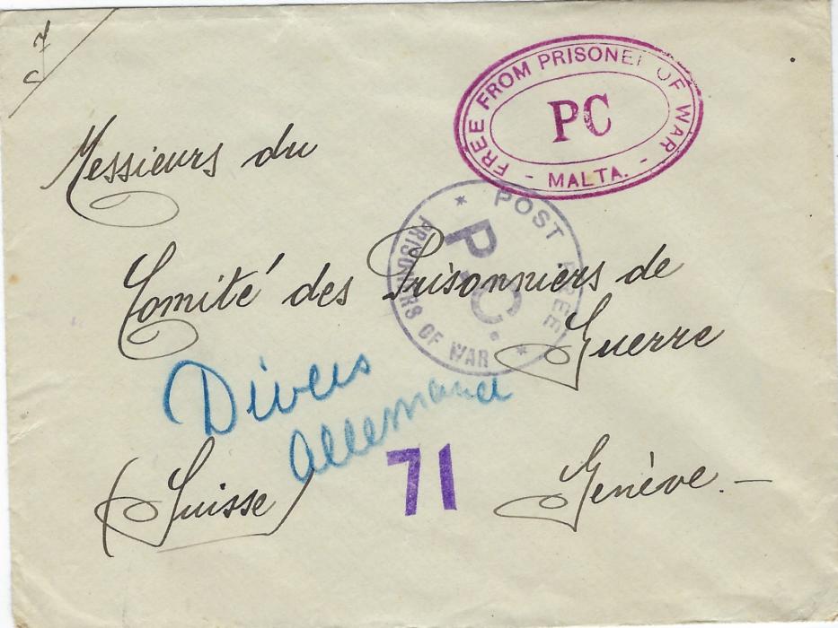 Malta Undated stampless WW1 cover to “Comite des Prisonniers de Guerre, Geneva” bearing fine double-oval  ‘FREE FROM PRISONER OF WAR _ MALTA’ which is partially overstruck by Post Free P.C. Prisoners of War, the sender’s details on reverse as from “Camp de St Clement”. Also coming with small printed note from censor detailing letter instructions.