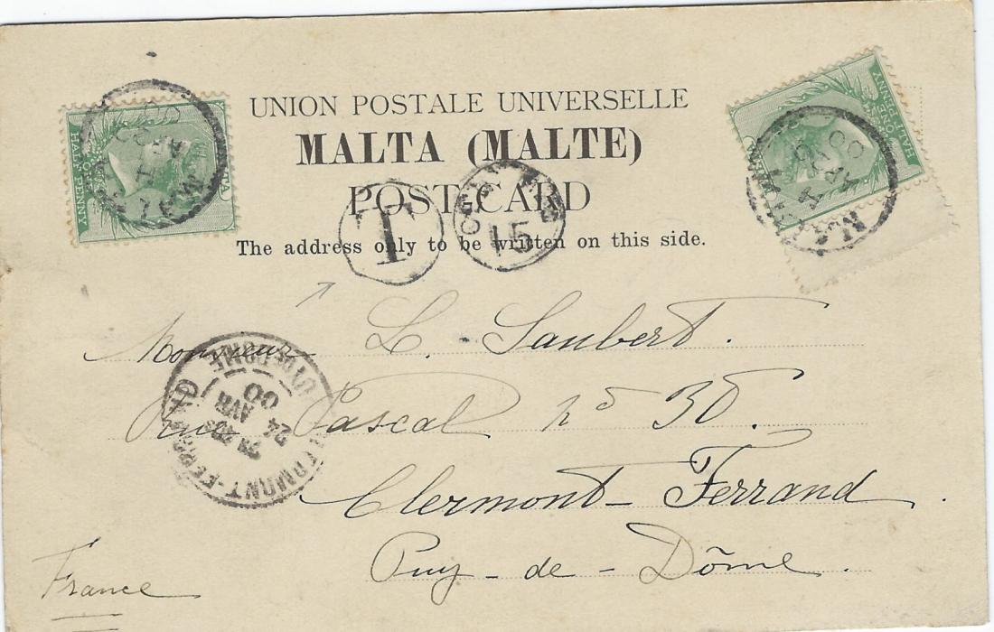 Malta 1900 ‘Street of Stairs’ postcard to Clermont Ferrand, France franked by two ½ d. tied index H cds with scarce double circles ‘T 15c’ charge handstamp at centre, arrival cds to left with no sign of charge collected.