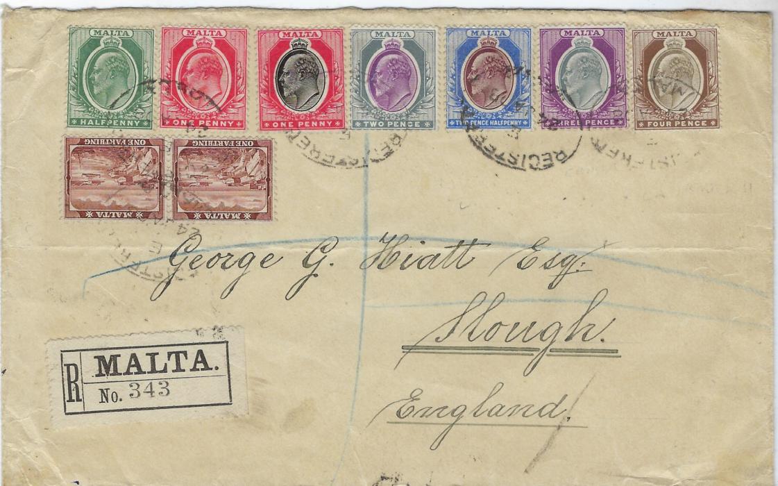 Malta 1908 multifranked King Edward VII registered cover to Slough, England bearing ¼d. pair, ½d., both 1d. snf 2d. to 4d., tied oval registered date stamps, arrival backstamps.
