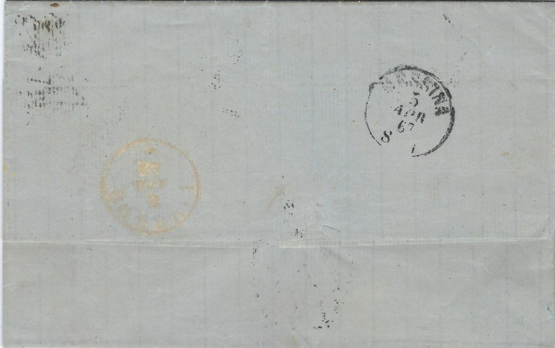 Malta 1867 (AP 3) entire to Livorno bearing index B Malta cds, very fine  ’22 ½.’ accountancy handstamp top right and ‘6’ at base, reverse with Messina transit and Livorno arrival.