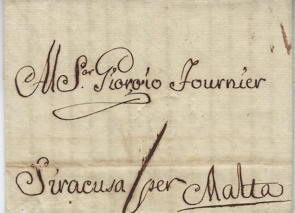 Malta 1774 incoming entire from Palermo, Sicily endorsed “Siracusa/ per Malta” to a Pioroio Fournier. A fine early entire.