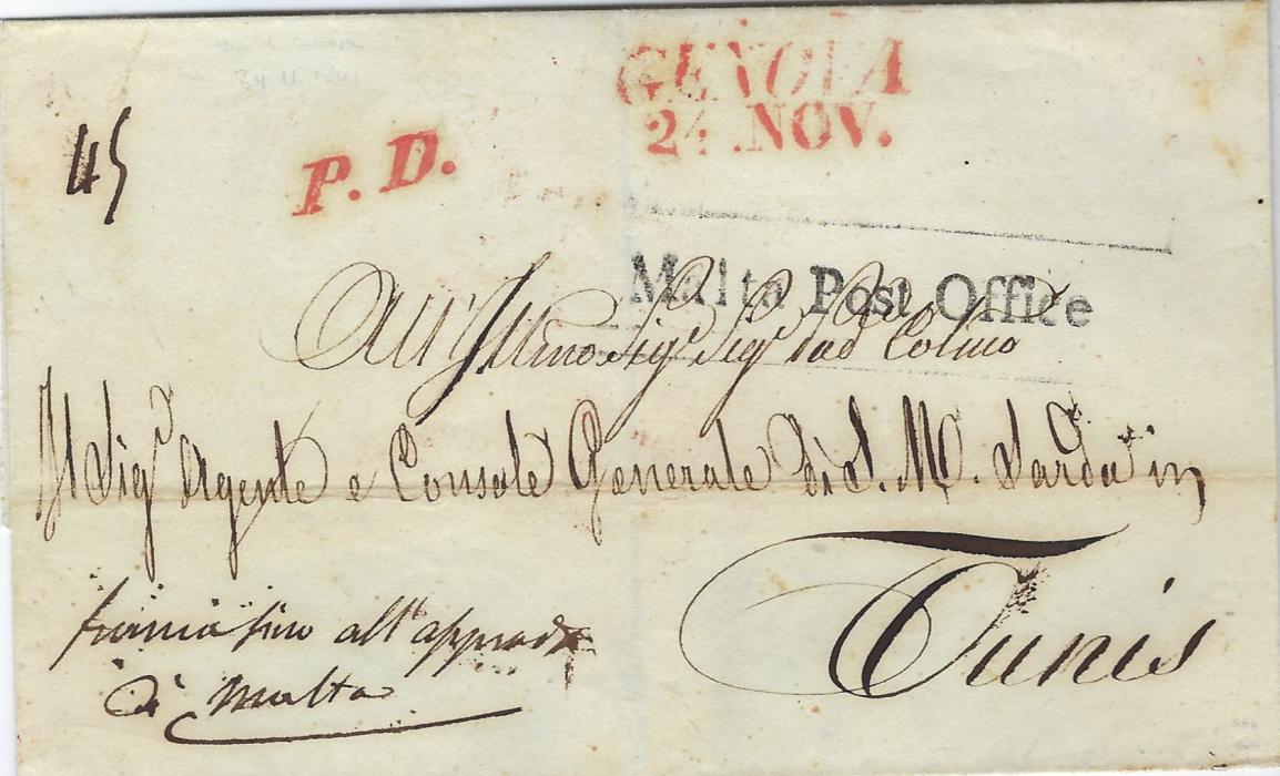 Malta 1841 (24 Nov) outer letter sheet with, on reverse, fine legible negative seal of ‘Magistrato Di Sanita Di Genova’ to Consul General at Tunis, showing two-line GENOVA despatch date stamp and italic P.D. , front endorsed at bottom left to travel  via Malta and very fine strike of ‘Malta Post Office’ , (50 x 5 mm) showing frame lines to handstamp top and bottom, reverse with Livorno transit of 3 Dic. Good clean condition.