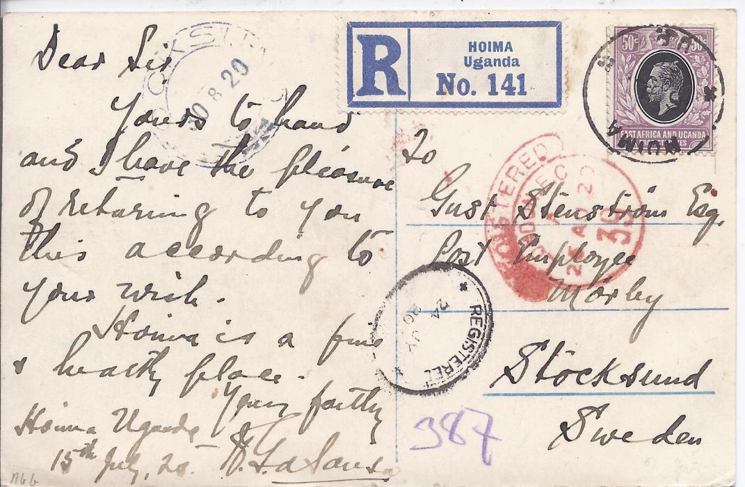 British East Africa 1920 registered photographic postcard to Stocksund, Sweden bearing single franking 50c. tied Hoima cds (of Uganda), unclear local registration date stamp, registration label alongside stamp, hooded London transit and arrival cds top left. Some slight surface abrasions to front, a scarce item.