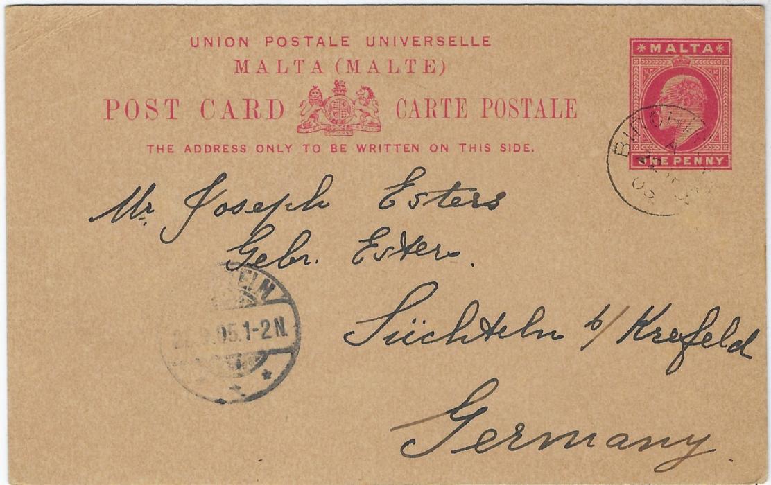 Malta 1905 1d postal stationery card used to Germany cancelled by fair strike of Birchircara village cds. With full message, unusual cancel on overseas mail.