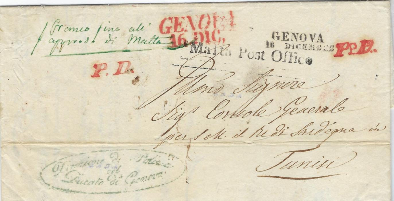 Malta 1841 entire from Genova, Italy to Consul General at Tunis, bearing two-line despatch, red P.P.  applied at right that has been overstruck with a larger P.D., a further two-line Genova handstamp in smaller type and in black, annotated in green at left to go via Malta whose straight-line Malta Post Office, 50 x 5mm, appears at top, reverse with Official cachet and Livorno date stamp; good condition.