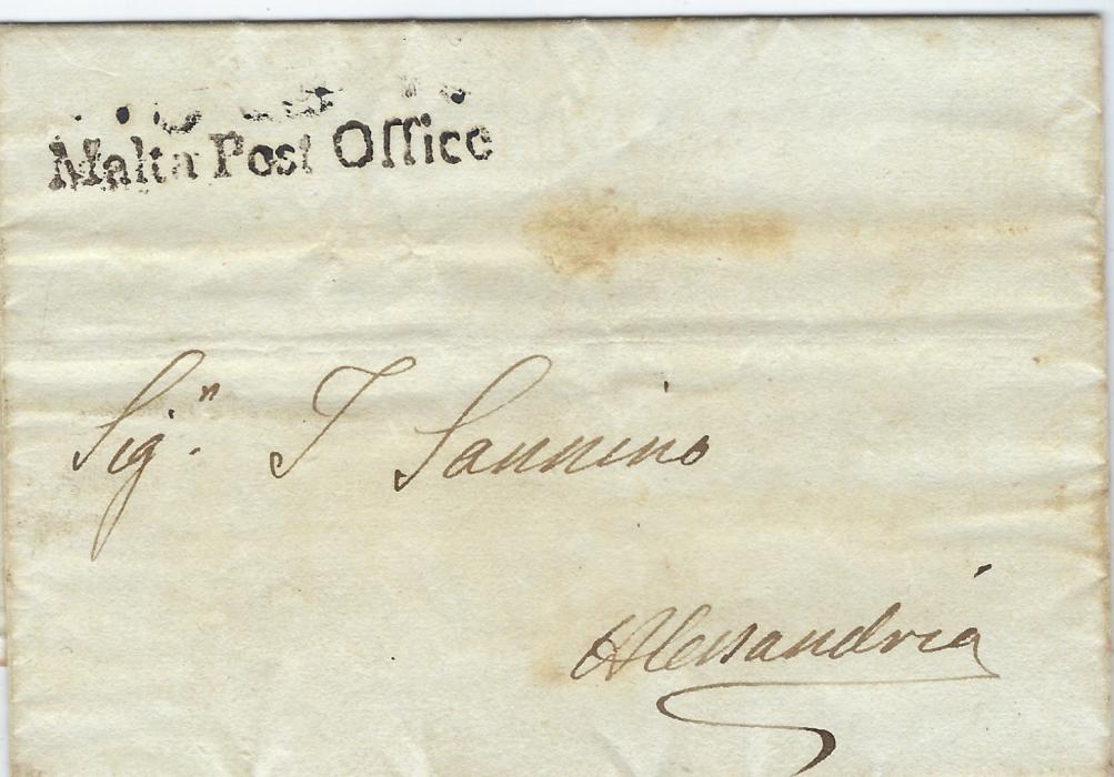 Malta 1837 entire to Alessandria, Italy bearing an apparently unrecorded two-line handstamp of Malta Post Office (48 x 5mm), without any further cancels.