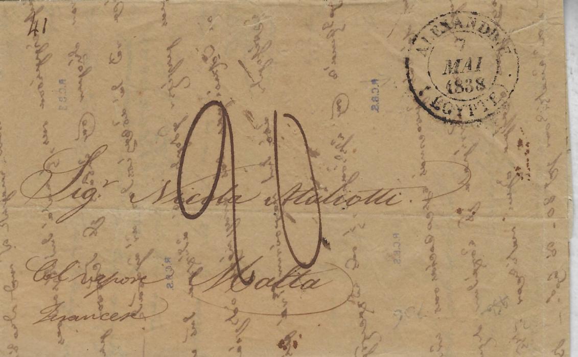 Malta 1838 incoming disinfected cover from Alexandrie (Egypte), endorsed “Col vapour Francea”, reverse with small straight-line ‘14 May; 8d’ with manuscript addition for French Postage, remains of red disinfection wax seal. Unusual mixture of accountancy.