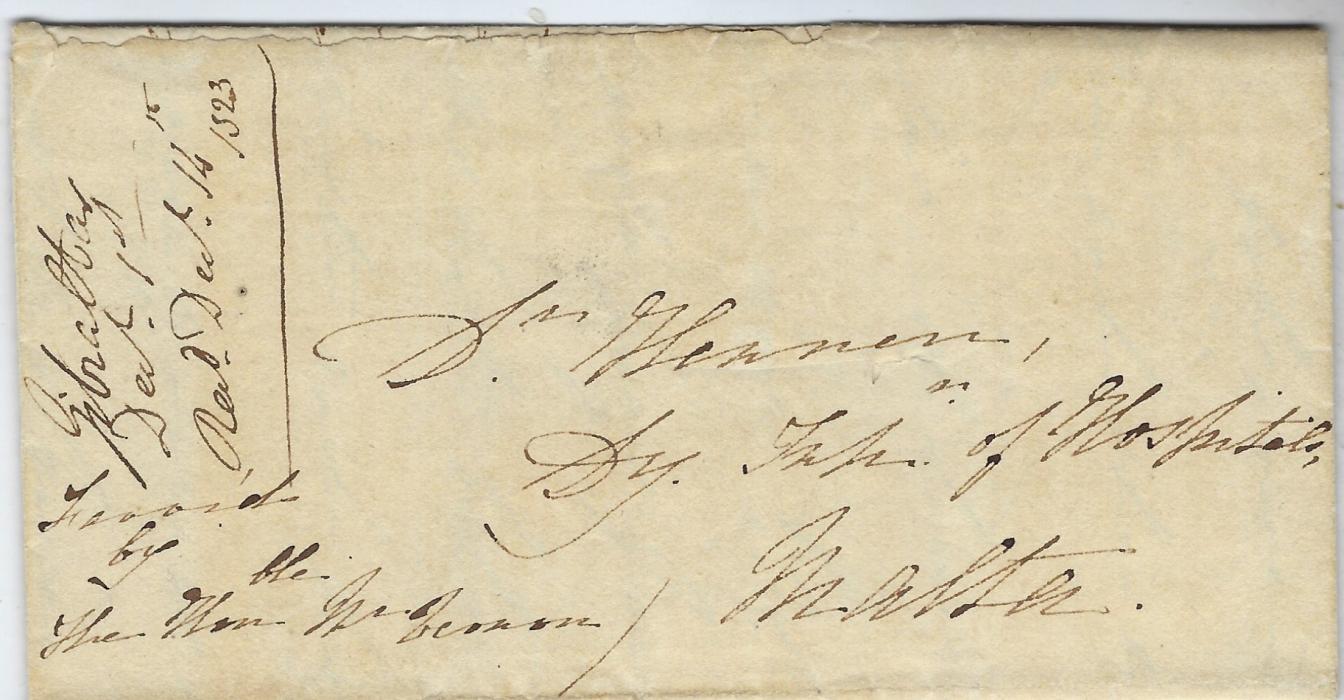 Malta 1823 unpaid incoming entire from Gibraltar with arrival charge handstamp ’12 T.2’, the ‘12’ changed in manuscript to “14”; fine condition.