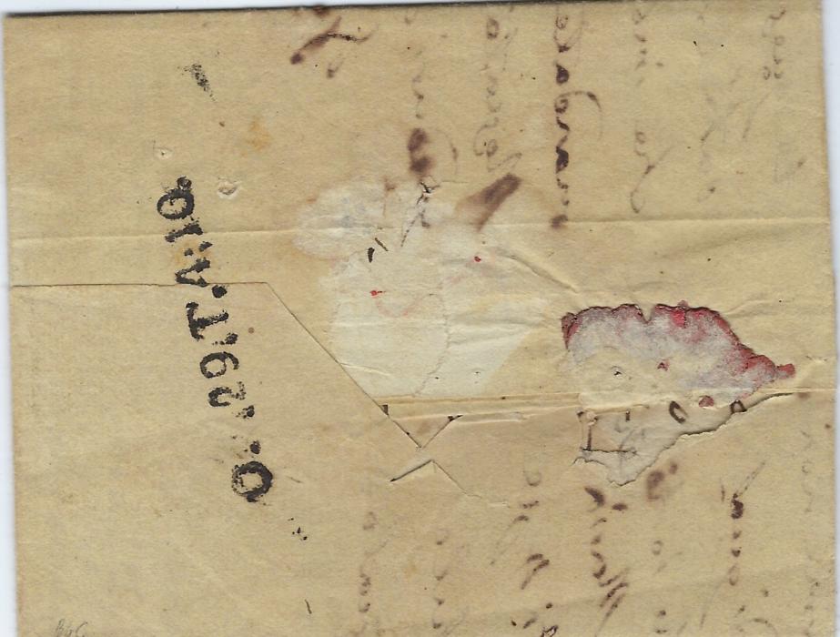 Malta 1822 unpaid incoming disinfected entire from Tunisia  with arrival charge handstamp at right  ‘O?.29.T.4;10’, disinfection seal removed; good early scarce example.