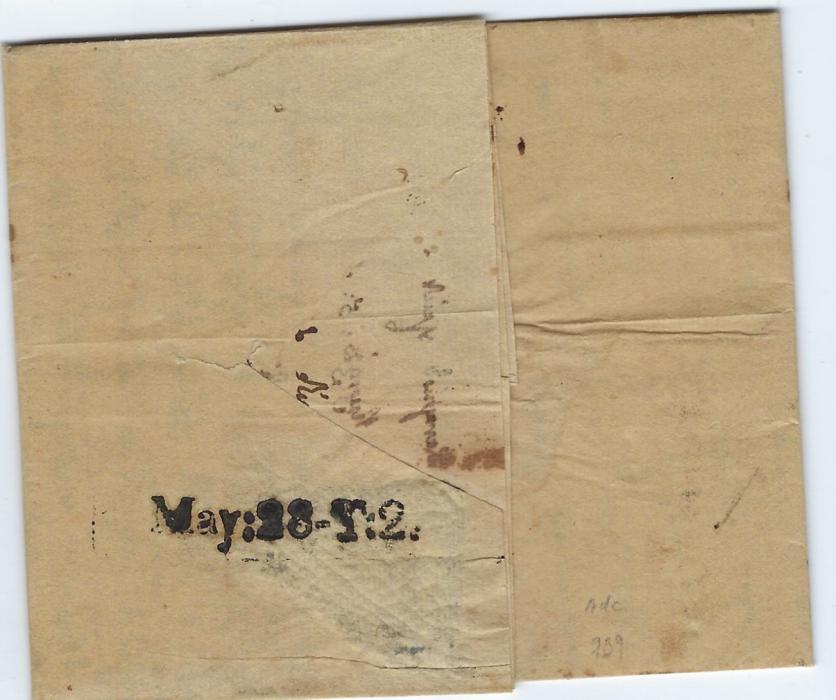 Malta 1816 unpaid incoming disinfected entire from Ionian Islands bearing a fine accountancy ‘May: 28-?:2’ handstamp that is the earliest known usage, large Isole Ionie circular handstamp on front. An important item.