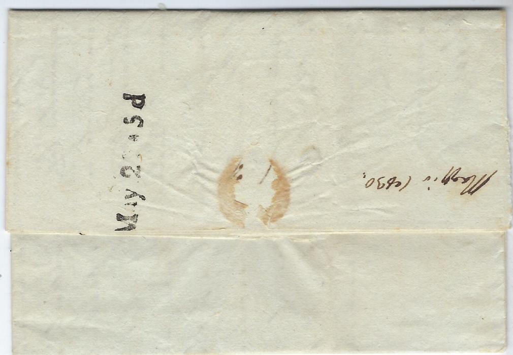 Malta 1828-44 group of five entires or outer letter sheets, each stampless incoming with charge handstamps showing 1d to 5d. usages, all are good to fine examples of these scarce handstamps, please examine.