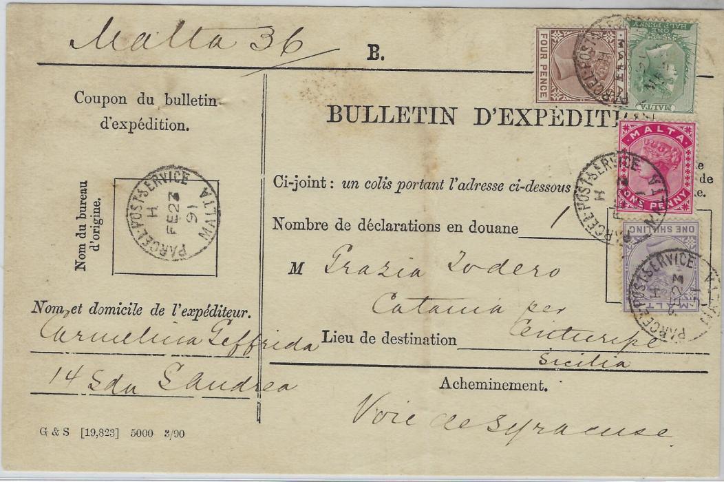 Malta 1891 (FE 23) parcelcard to Catania, Sicily via Syracusa bearing a fine and attractive four colour franking with ½ d., 1d., 4d. and 1s. tied by good quality Parcel.Posts.Service index H cds, reverse with Centuripe and Siracusa transits; a vertical fold not detracting from a most attractive item.