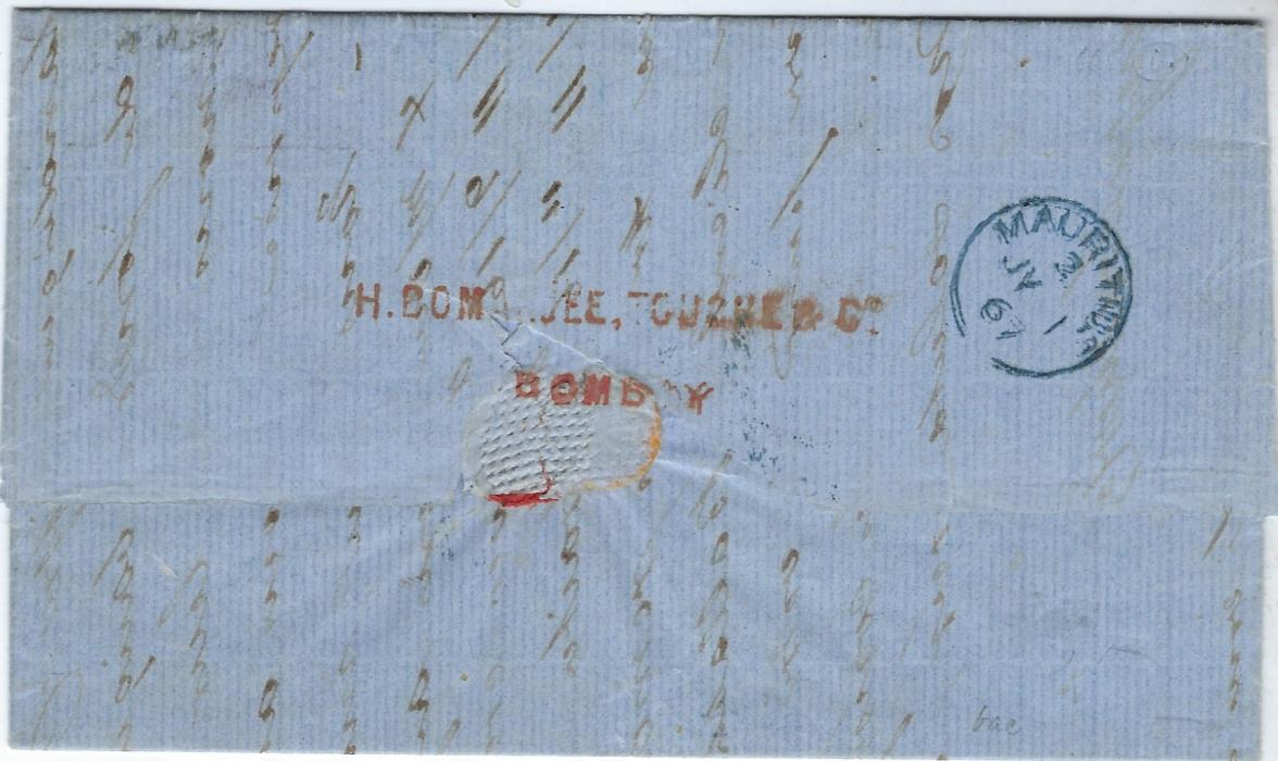 India 1867 (JU 14) entire from Bombay to Mauritius endorsed “Per Steamer “Behar”/ Via Point de Galle”, franked at 20a rate by 1866-78 6a8p slate (issued Apr 1867) horizontal strip of three, tied by two fine Bombay India Paid duplex and by red company chop, ‘2d TO PAY’ charge mark and arrival backstamp in same ink; light filing creases, a most attractive usage of this stamp.
