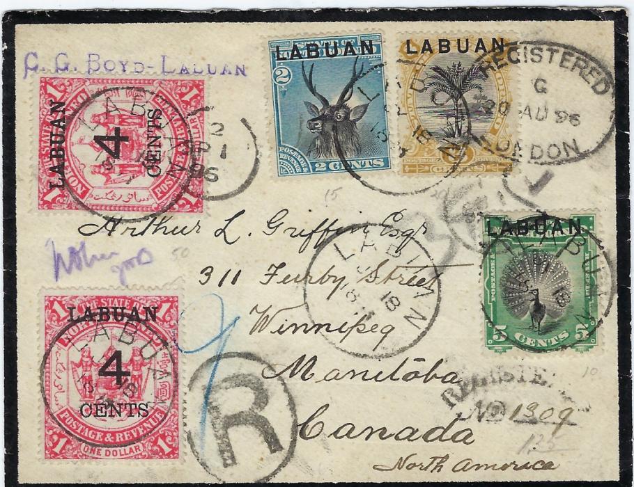 Labuan 1896 registered mourning cover to Canada franked 1894-96 2c., 3c. and 5c. plus two 1895 4 Cents on $1, tied Labuan cds, Registered London transit, Winnipeg transit backstamp of AU 31 and on front small circular SP 1 cds; fine and attractive.