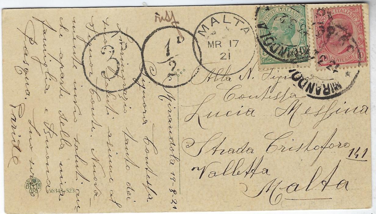 Malta 1921 incoming Easter Greetings card from Italy underfranked with 5c. and 10c., to left showing scarce double postage due handstamps ½d. and 3d. together with Malta cds (there being no 3 ½d. available); good condition.